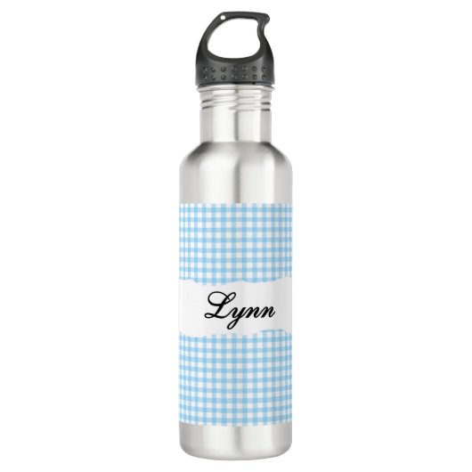 Personalized Blue Gingham Pattern & Custom Name Waterfles (Voorkant)