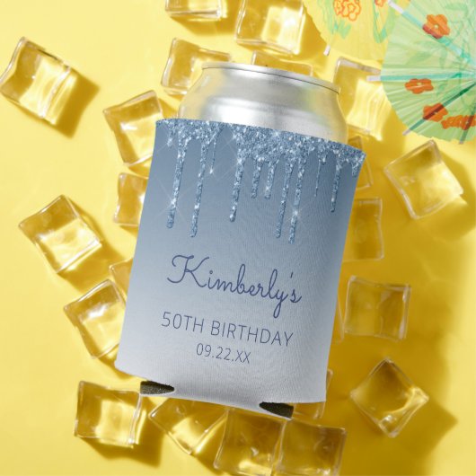 Personalized Blue Glitter Drip 50th Birthday Blikjeskoeler (Insitu Zomer)