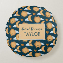 Personalized Blue Gold Sun Moon Sweet Dreams Name Rond Kussen