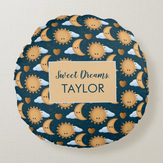 Personalized Blue Gold Sun Moon Sweet Dreams Name Rond Kussen (Voorkant)