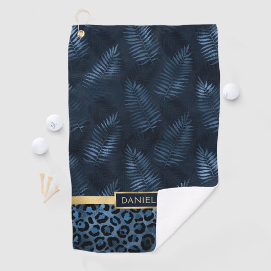 Personalized Blue Leopard Print Tropical Floral Golfhanddoek (Insitu)
