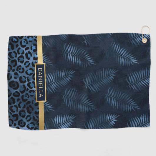 Personalized Blue Leopard Print Tropical Floral Golfhanddoek (Horizontaal)