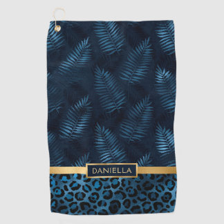 Personalized Blue Leopard Print Tropical Floral Golfhanddoek