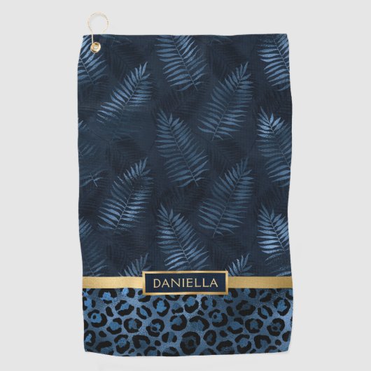 Personalized Blue Leopard Print Tropical Floral Golfhanddoek (Voorkant)