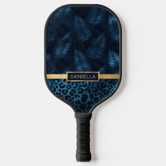 Personalized Blue Leopard Print Tropical Floral Pickleball Paddle