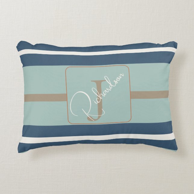 Personalized Blue Mint Tan Stripe Monogram Coastal Accent Kussen (Voorkant)