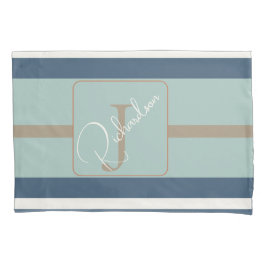 Personalized Blue Mint Tan Stripe Monogram Coastal Kussensloop