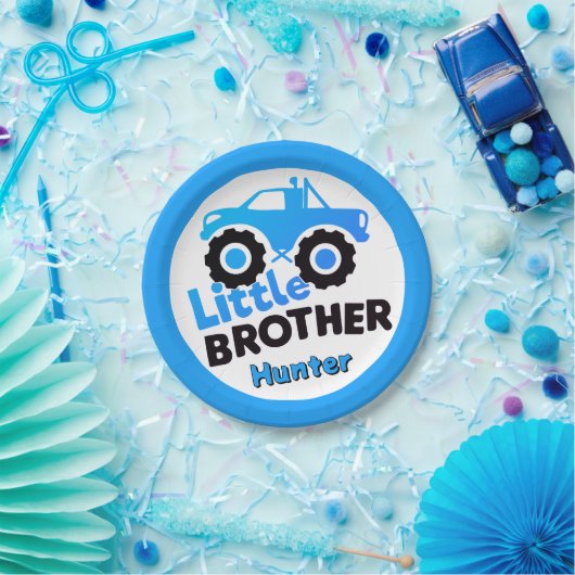 Personalized Blue Monster Truck Little Brother Papieren Bordje (Feest)