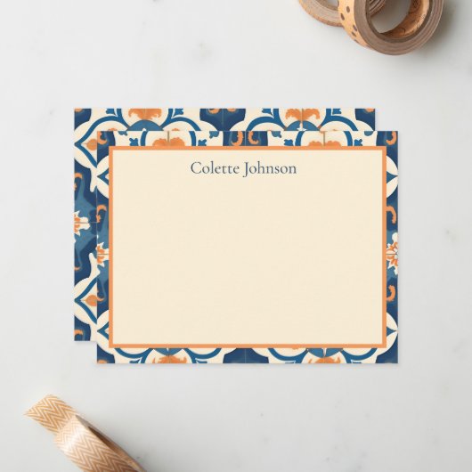 Personalized Blue Orange Tile Stationery Notitiekaartje (Voorkant / Achterkant in situ)