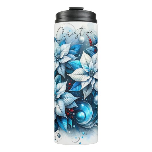Personalized Blue Poinsettias Thermal Tumbler Thermosbeker (Voorkant)