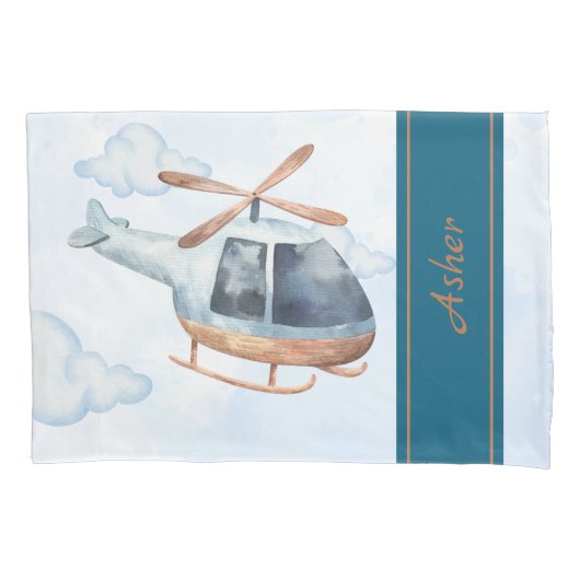 Personalized Blue Watercolor Helicopter Pillowcase Kussensloop (Voorkant-Links)