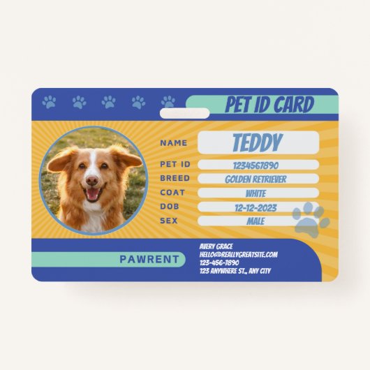 Personalized Blue Yellow Green Dog Photo ID Badge (Voorkant)