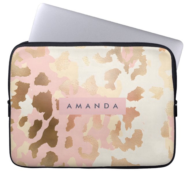 Personalized Blush Pink and Gold Leopard Print Laptop Sleeve (Voorkant)