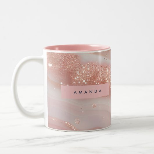Personalized Blush Rose Gold Marble Sparkle Tweekleurige Koffiemok (Links)