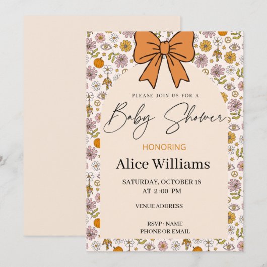 Personalized Boho Floral Bow Baby Shower Invite Kaart (Voorkant / Achterkant)