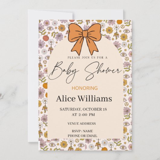 Personalized Boho Floral Bow Baby Shower Invite Kaart (Voorkant)