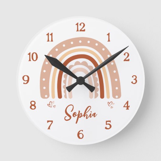 Personalized Boho Rainbow Nursery Wall Clock – Rou Ronde Klok (Voorkant)