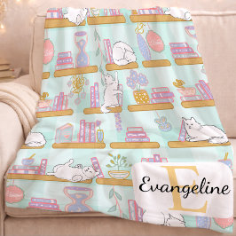 Personalized Bookish Cat Gift Green Pastel Name Fleece Deken