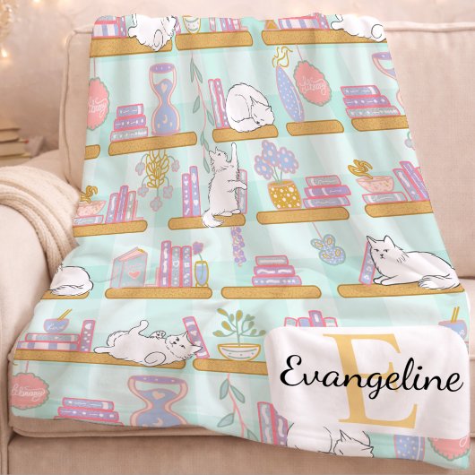 Personalized Bookish Cat Gift Green Pastel Name Fleece Deken