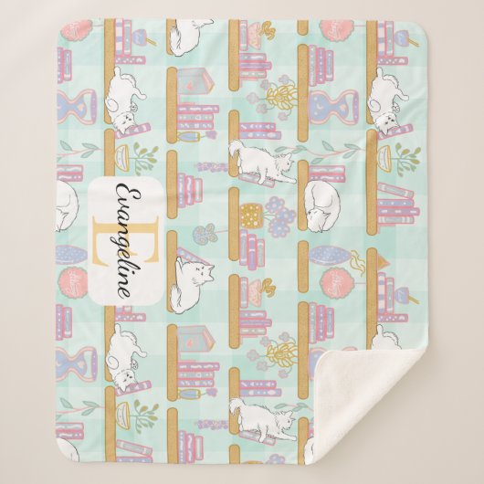 Personalized Bookish Cat Gift Green Pastel Name Sherpa Deken (Voorkant)