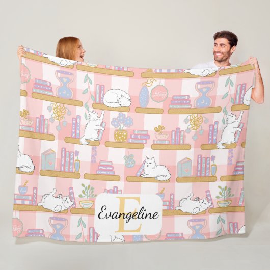 Personalized Bookish Cat Gift Pink Pastel Name Fleece Deken (In situ)