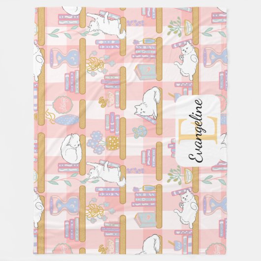 Personalized Bookish Cat Gift Pink Pastel Name Fleece Deken (Voorkant)
