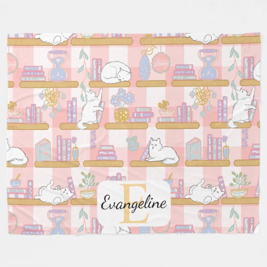 Personalized Bookish Cat Gift Pink Pastel Name Fleece Deken (Voorkant (Horizontaal))