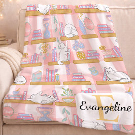 Personalized Bookish Cat Gift Pink Pastel Name Fleece Deken