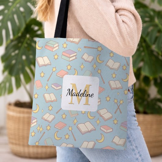 Personalized Bookish Girl Cute Magic Name Blue Tote Bag