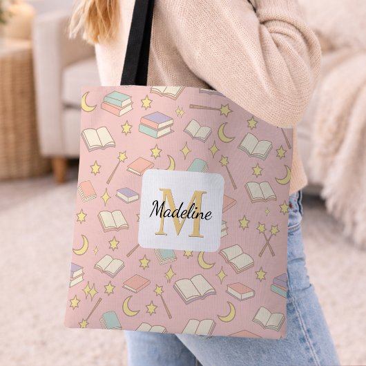 Personalized Bookish Girl Cute Magic Name Pink Tote Bag