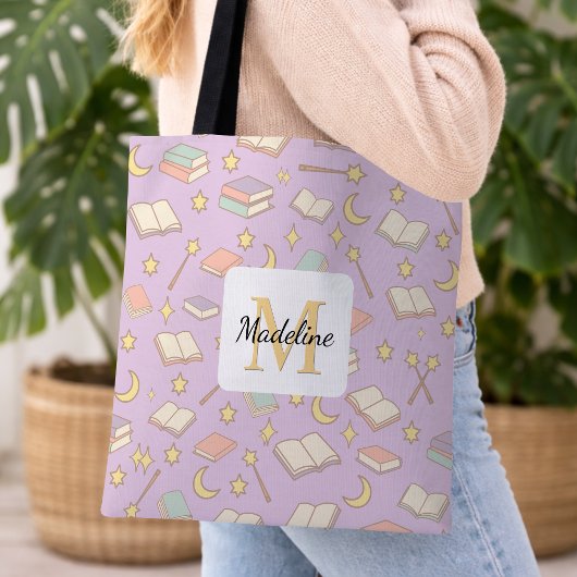 Personalized Bookish Girl Cute Magic Name Purple Tote Bag