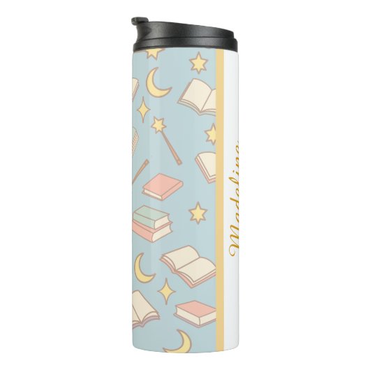 Personalized Bookish Girly Blue Cute Magic Name Thermosbeker (Geroteerd rechts)