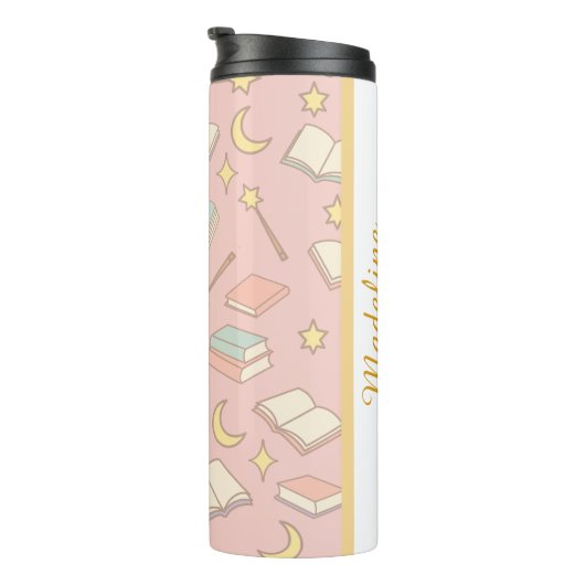 Personalized Bookish Girly Magic Time Pink Name Thermosbeker (Geroteerd rechts)