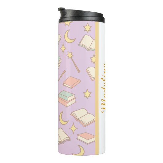 Personalized Bookish Girly Purple Cute Magic Name Thermosbeker (Geroteerd rechts)