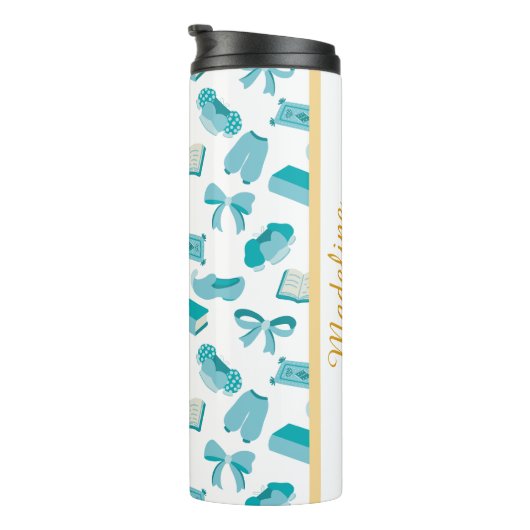 Personalized Bookish Girly Teal Cute Bow Name  Thermosbeker (Geroteerd rechts)