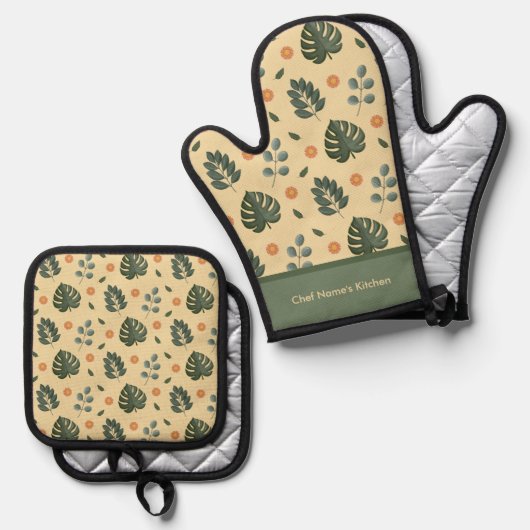 Personalized Botanical Name Cream and Sage Green Ovenwant & Pannenlap Set (Voorkant / Achterkant)