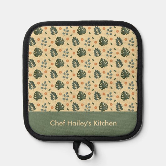 Personalized Botanical Name Cream and Sage Green Pannenlap (Voorkant)