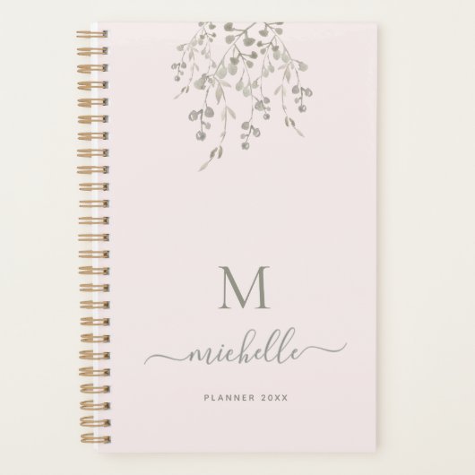 Personalized Botanical Watercolor Monogram Pink Planner (Voorkant)