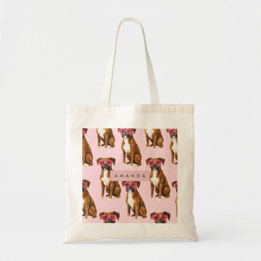 Personalized Boxer Dog with Pink Heart Glasses Tote Bag (Voorkant)