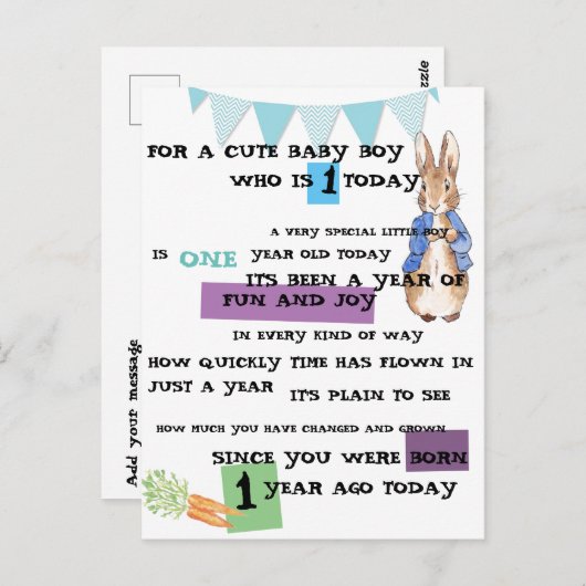 Personalized Boy Birthday Briefkaart - Peter Rabbi (Voorkant / Achterkant)