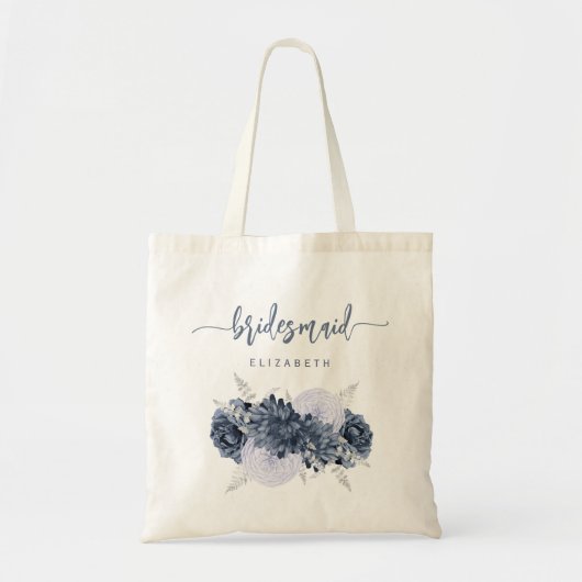Personalized Bridesmaid Floral Dusty Blue Script Tote Bag (Voorkant)