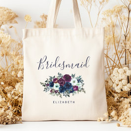 Personalized Bridesmaid Floral Navy Blue Purple Tote Bag
