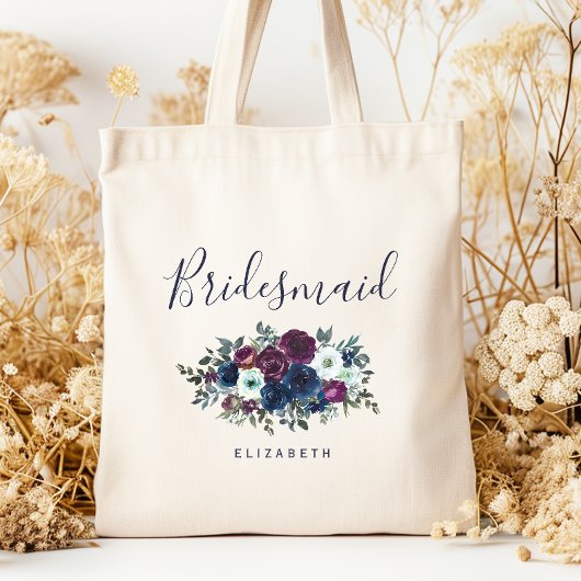Personalized Bridesmaid Floral Navy Blue Purple Tote Bag