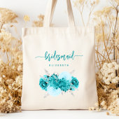 Personalized Bridesmaid Floral Turquoise Silver Tote Bag