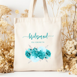 Personalized Bridesmaid Floral Turquoise Silver Tote Bag