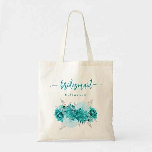 Personalized Bridesmaid Floral Turquoise Silver Tote Bag (Voorkant)