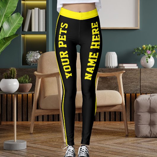 Personalized Bright Yellow Black Stripes Pet Names Leggings