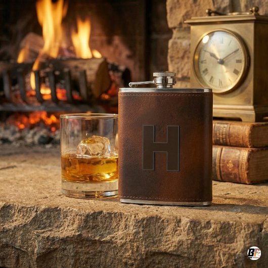 Personalized Brown Leather Hip Monogram Initial H  Heupfles