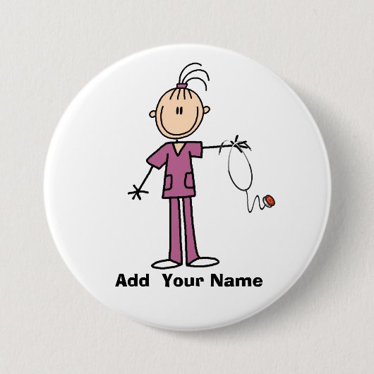 Personalized Brunette Stick Figuur Nurse Button (Voorkant)
