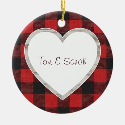 Personalized Buffalo Plaid Heart Rustic  Keramisch Ornament (Voorkant)
